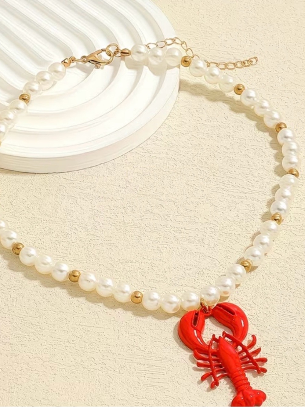 NWT Pearl Necklace with Red Lobster Charm And Gold Accents
